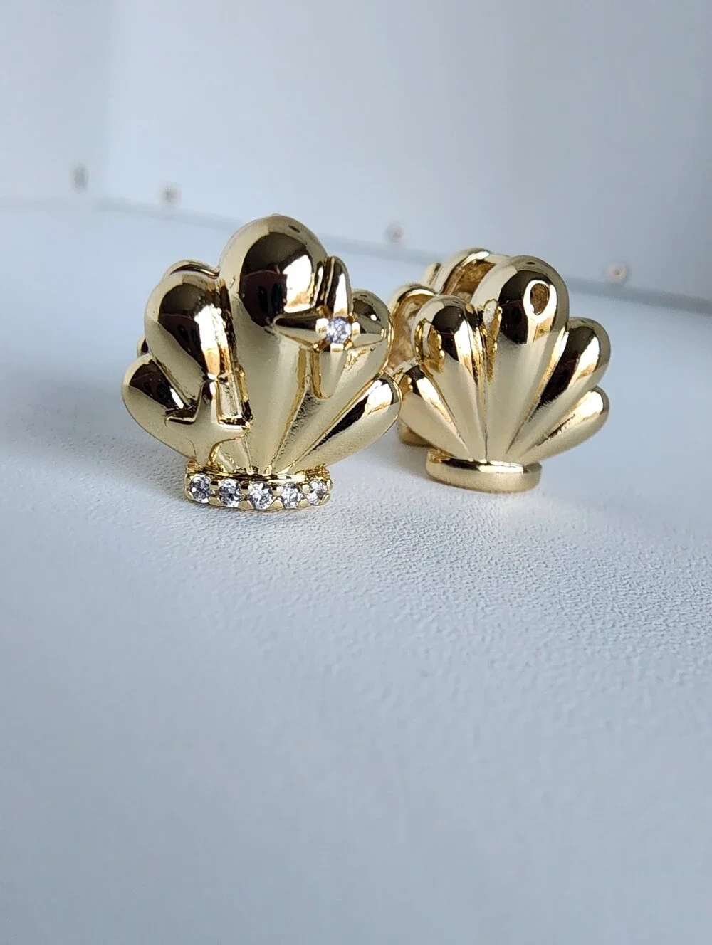 Gold Plated Seashell Stud Earrings CZ Crystal Shell Coastal Jewelry